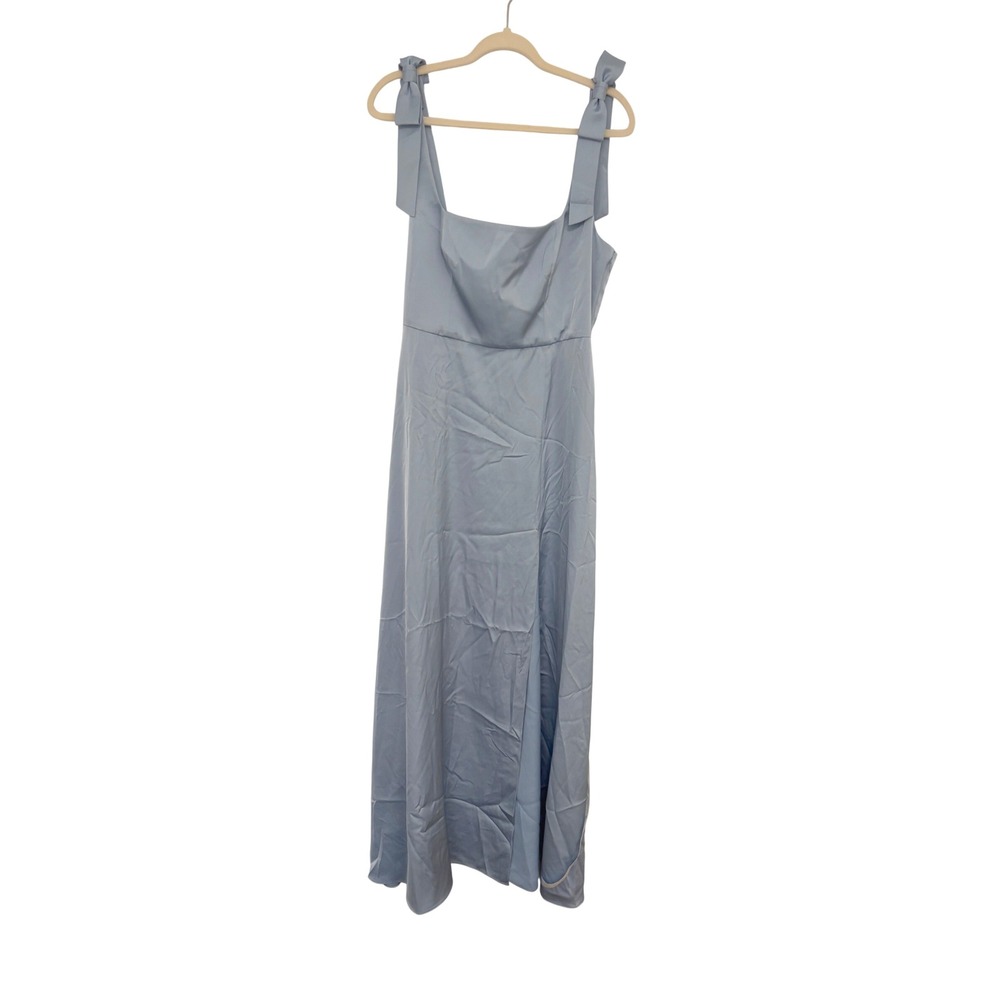 NWT After Six Square Neck Satin Maxi Dress Bow Straps Cloudy Blue, Sz L - Picture 3 of 7